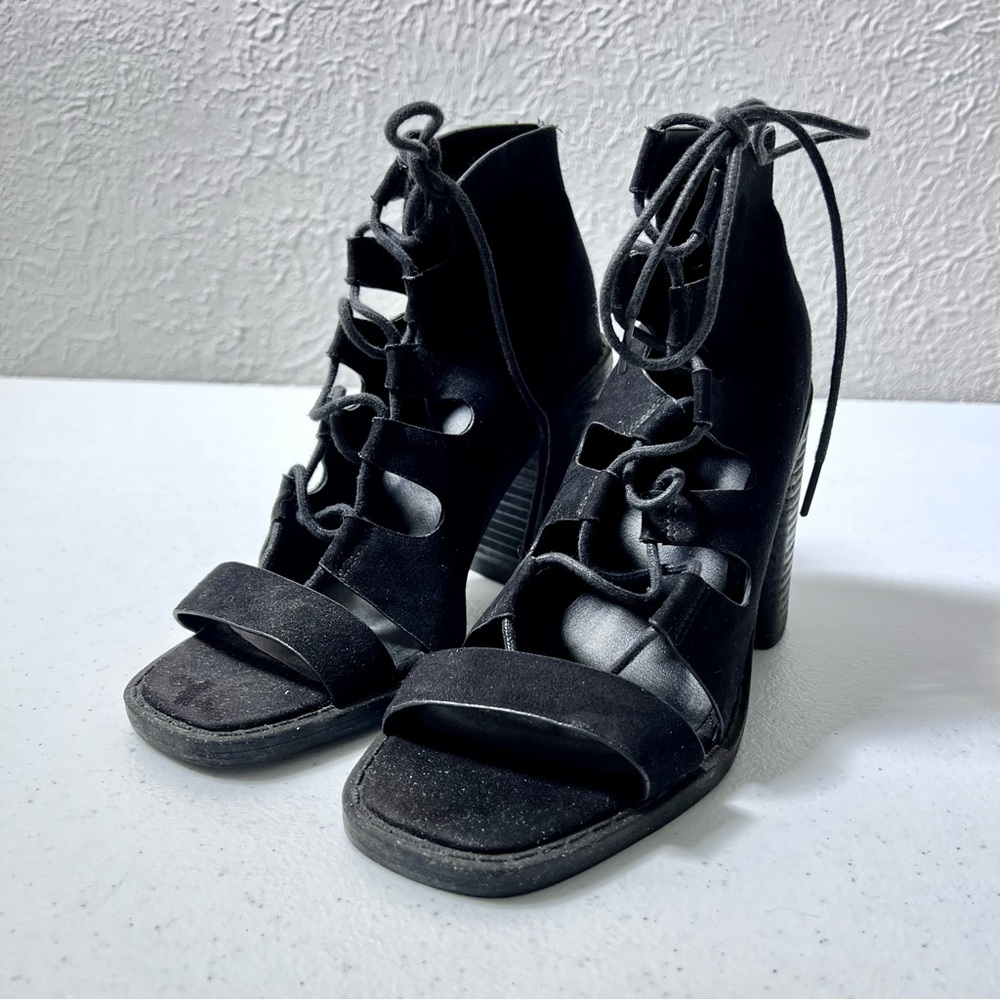 ASOS Black Faux Suede Lace Up Peep Toe Block Heels Size 6